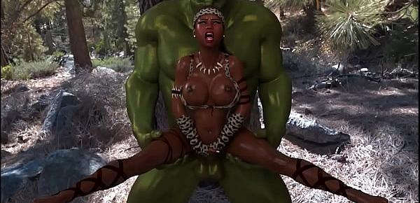  3D Savannah Queen suffering to fuck with big ogre, which has a big cock head